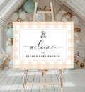 Tan Gingham Teddy Bear Welcome Sign Template, Boy Baby Shower Beige Check Welcome Sign, Gender Neutral Baby Shower Tan Plaid