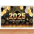 Happy New Year Photo Backdrop 2025 New Year Party Christmas Party Gold and Black Photography Background Polyester Vinyl Photo Studio Banner